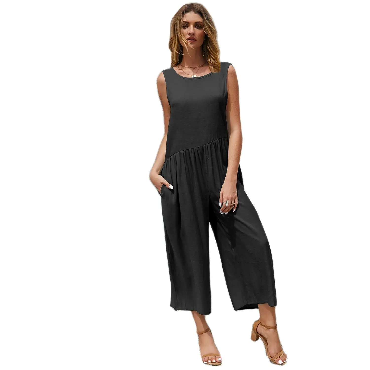 

Spring Autumn Women's Solid Color Jumpsuit 2021 The New Fashion All-match Loose Street Style Sleeveless Big Pocket