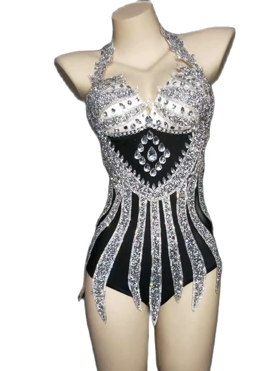 

Rhinestone Black Jumpsuit Sexy Halter Bodysuit Women Nightclub DJ Singer Host Stage Show Costume Party Birthday Outfit