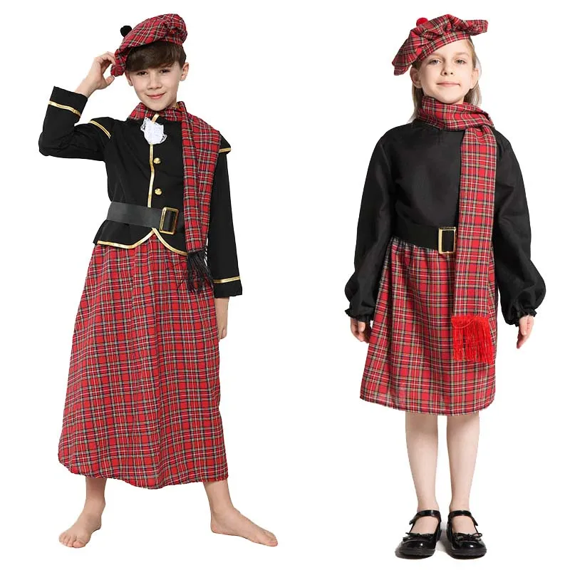 Retro Plaid boys girls Scotland Costume Scottish kilt Skirt full suit national dress halloween party cosplay costume clothes |