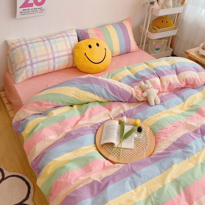 

Fashion Rainbow Bedding Set 100% Cotton Flat Bed Sheet And Pillowcases Luxury Korean Style Princess Full Queen Bed Sets