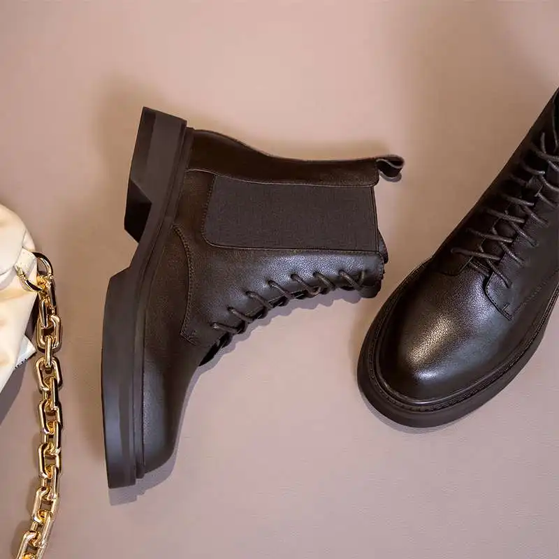 

Lenkisen natural leather round toe med heel British style winter shoes cross-tied high street fashion young lady ankle boots L97