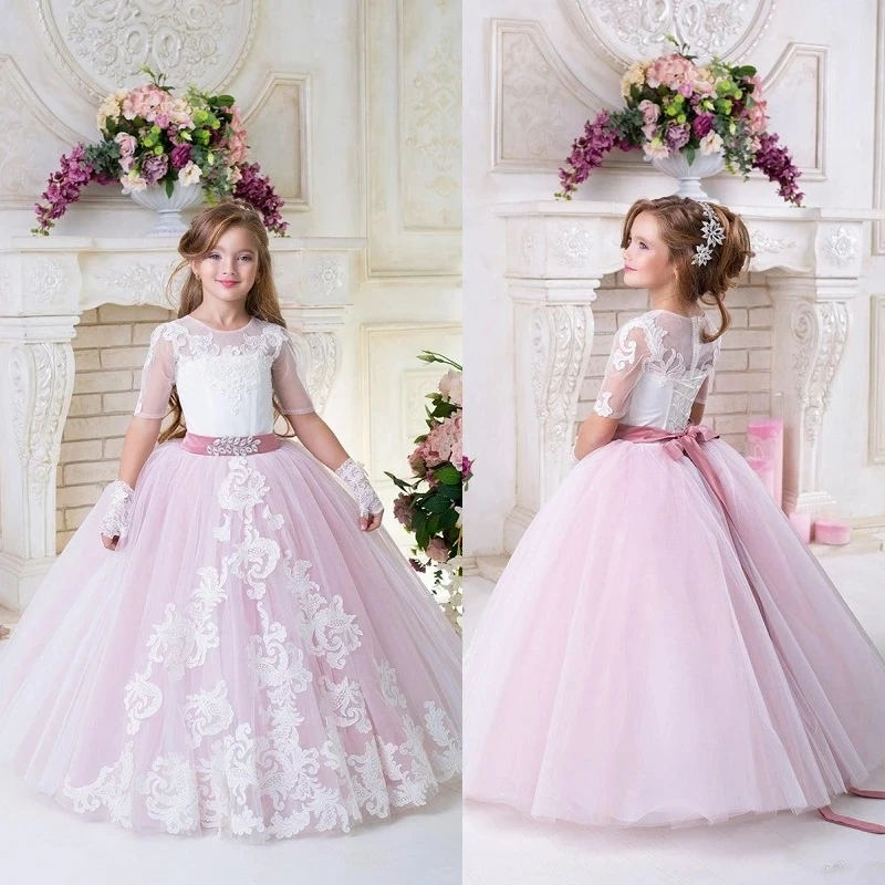 

Luxury Blush Pink Flower Girl Dress Vintage Tulle Girl Birthday Lace Appliqued Tiered Party Pageant Gown Formal for Wedding