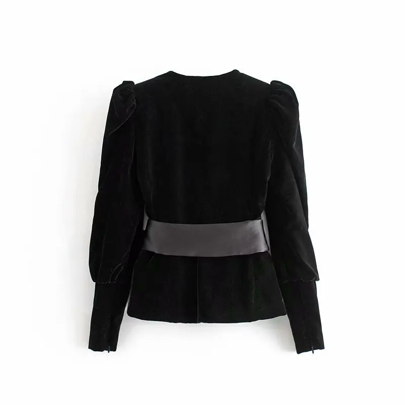 

Women Vintage Black Velvet Jacket Lady Front Bow Long Sleeve V Neck Slim Elegant Jackets chaqueta mujer