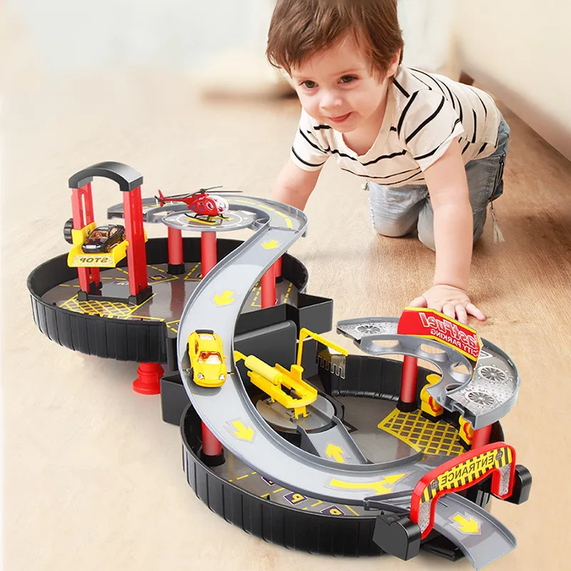 

Спиральный роликовый рельс, автомобили из сплава, Детская городская парковка, модель городского автомобиля, грузовика, автомобиля, 2-х этажн...