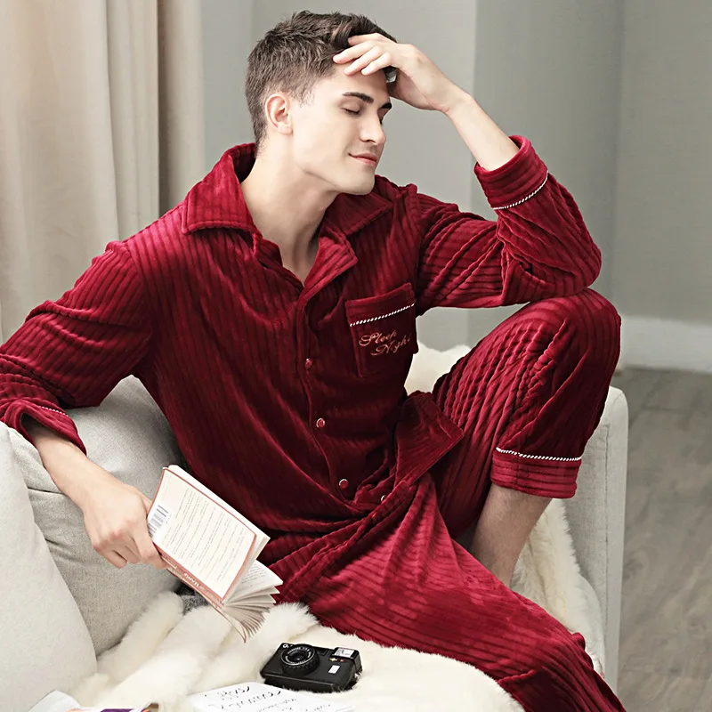 Men's Frankind Autumn Winter Red Home Set Island Velvet Plus Thick Warm Cardigan Festive Wedding Pajamas Sets Lounge Nightwear