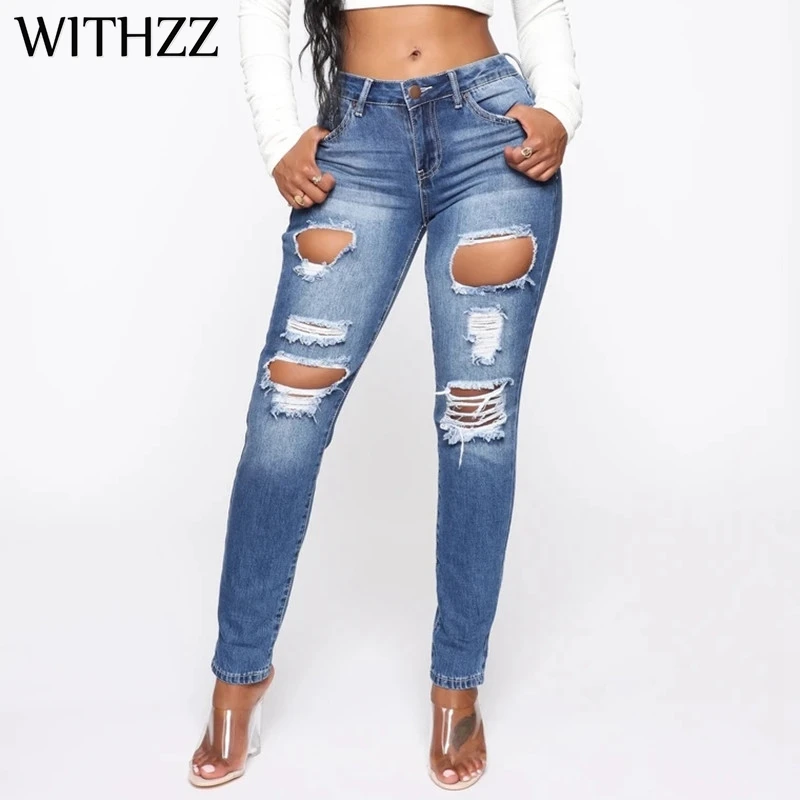 

WITHZZ Hole Denim PantsTrousers Torn Pencil Pants Women's Ripped Jeans