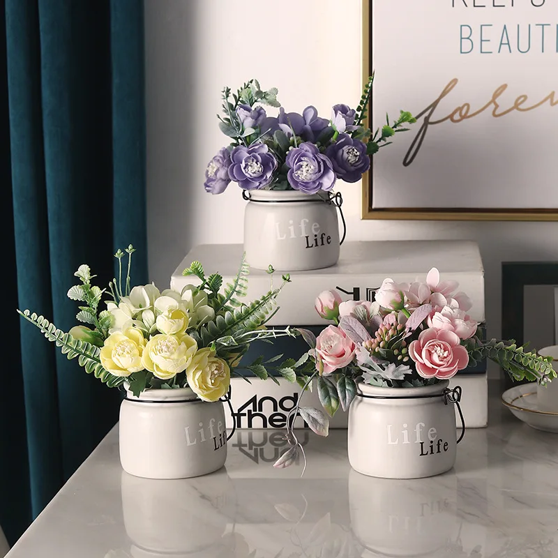 

ceramic pot silk flower artificial flower potted home decoration living room office desktop artificial flower decoration