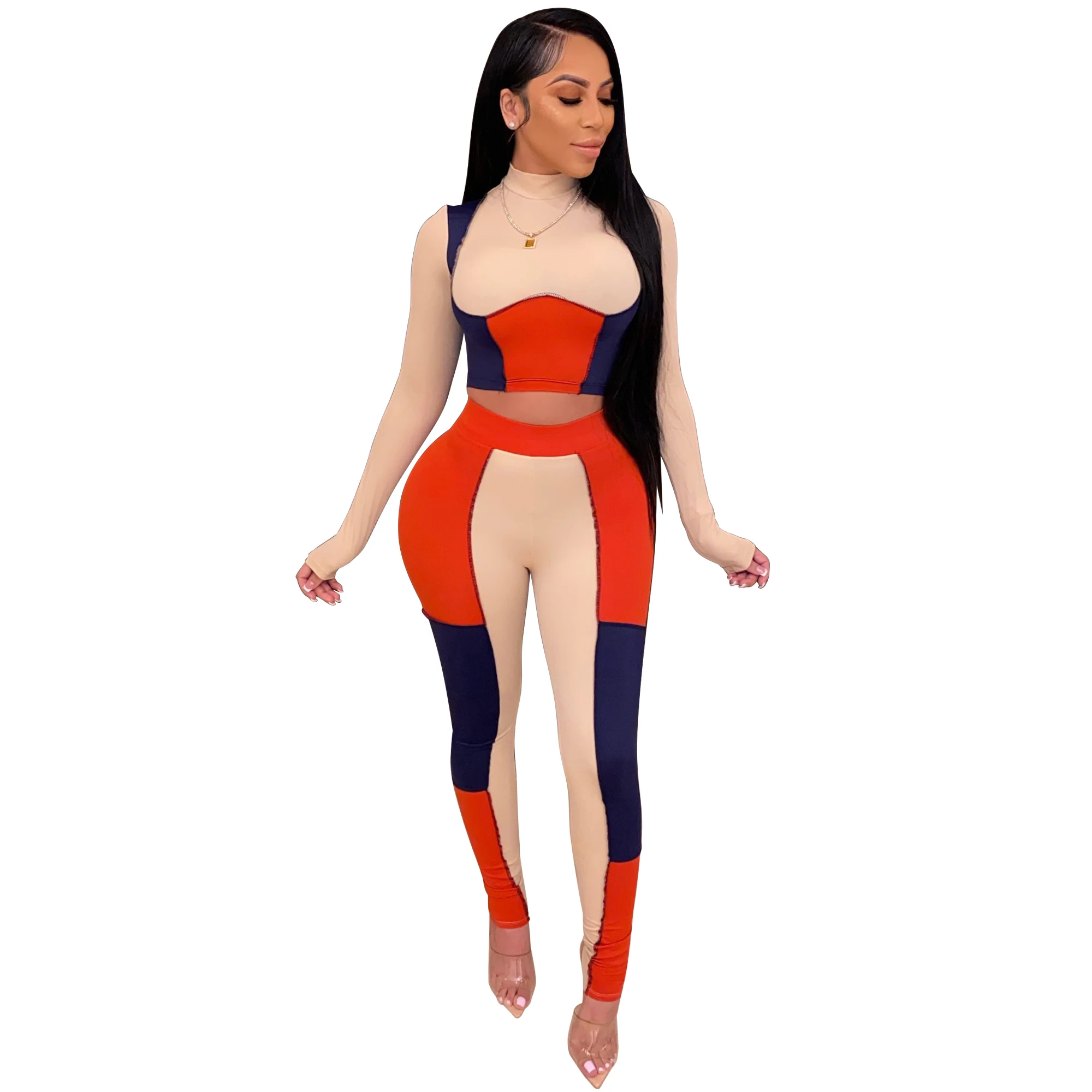 

Women Fitness Sports Two Piece Set Contrast Color Breathable Jogging Slim