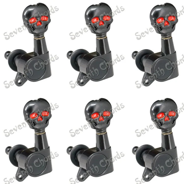 

6L Inline Guitar Tuning Pegs Tuners Machine Heads for Electric Guitar - Black Skull Head Style