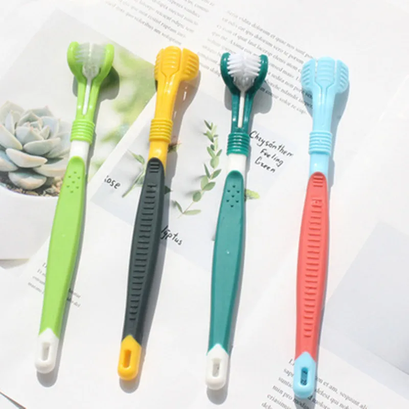 Pet Toothbrush Dog Three Sided Multi-angl Tooth Care Brushes Soft Rubber Bad Breath Tartar Cleaning Pet Cat Health Grooming Tool