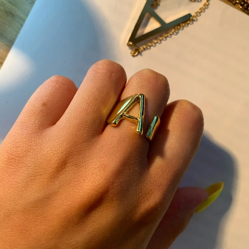 Anillos con letras de A-Z inicial para mujer, de acero inoxidable, oro, nombre del alfabeto, anillo ajustable, joyería, regalo, Bisutería