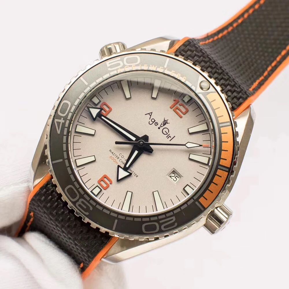 Leather White Роскошные брендовые Новые Мужские автоматические механические оранжевые черные мастер холщовые резиновые часы из нержавеющей стали James Bond 007 сапфировые часы AAA - Цвет: Leather White