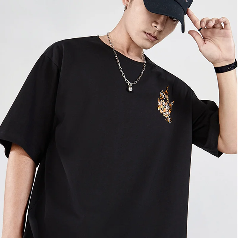 

2021 New T-Shirt Mens Women Loose Chinese Dragon Embroidered Pattern Short Sleeve Cotton Tees Streetwear Male Clothes Stitchwork
