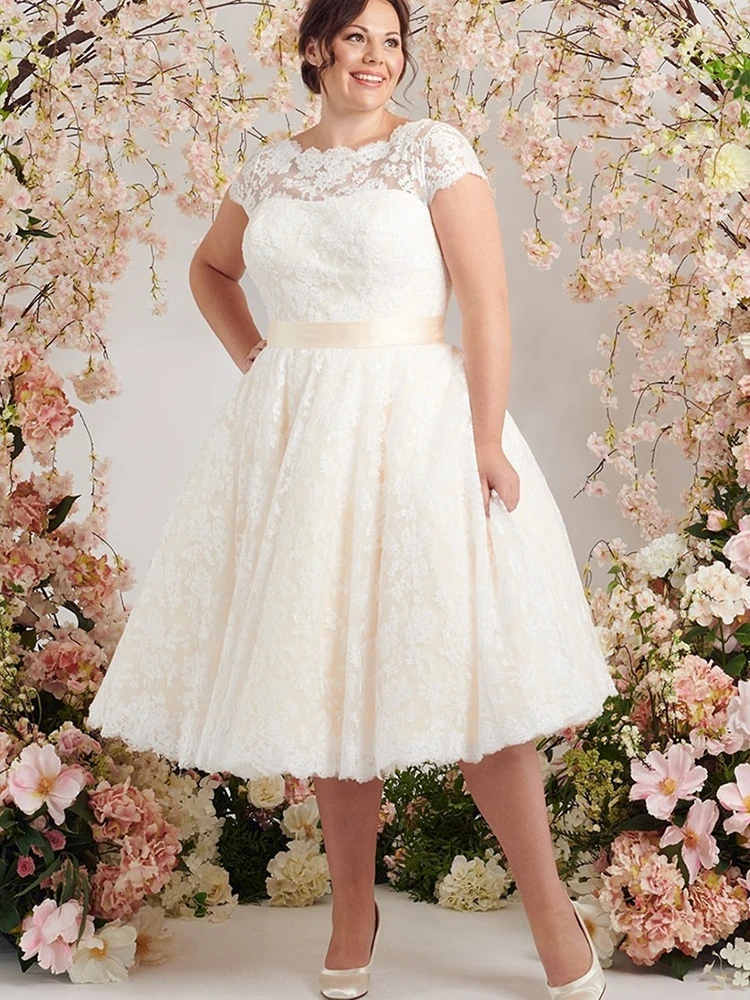 

Wedding Dress Short Knee Length 2020 light Champagne Short Sleeve With Sashes Bridal Gowns Elegant Big Size Women Brides For