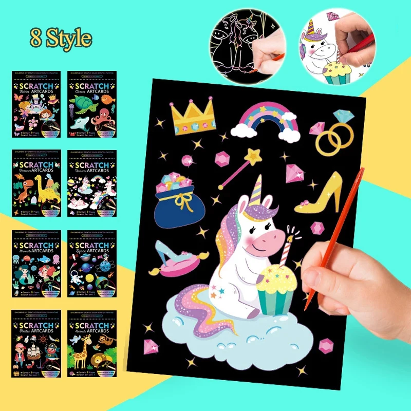 9 шт./компл. Волшебные радужные царапины Детские картины набор карт мультяшный
