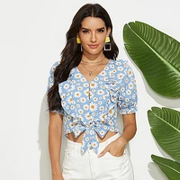 floral print womens blouse v neck short sleeve button up shirt summer spring casua holiday blusas camisa feminina verao 2021
