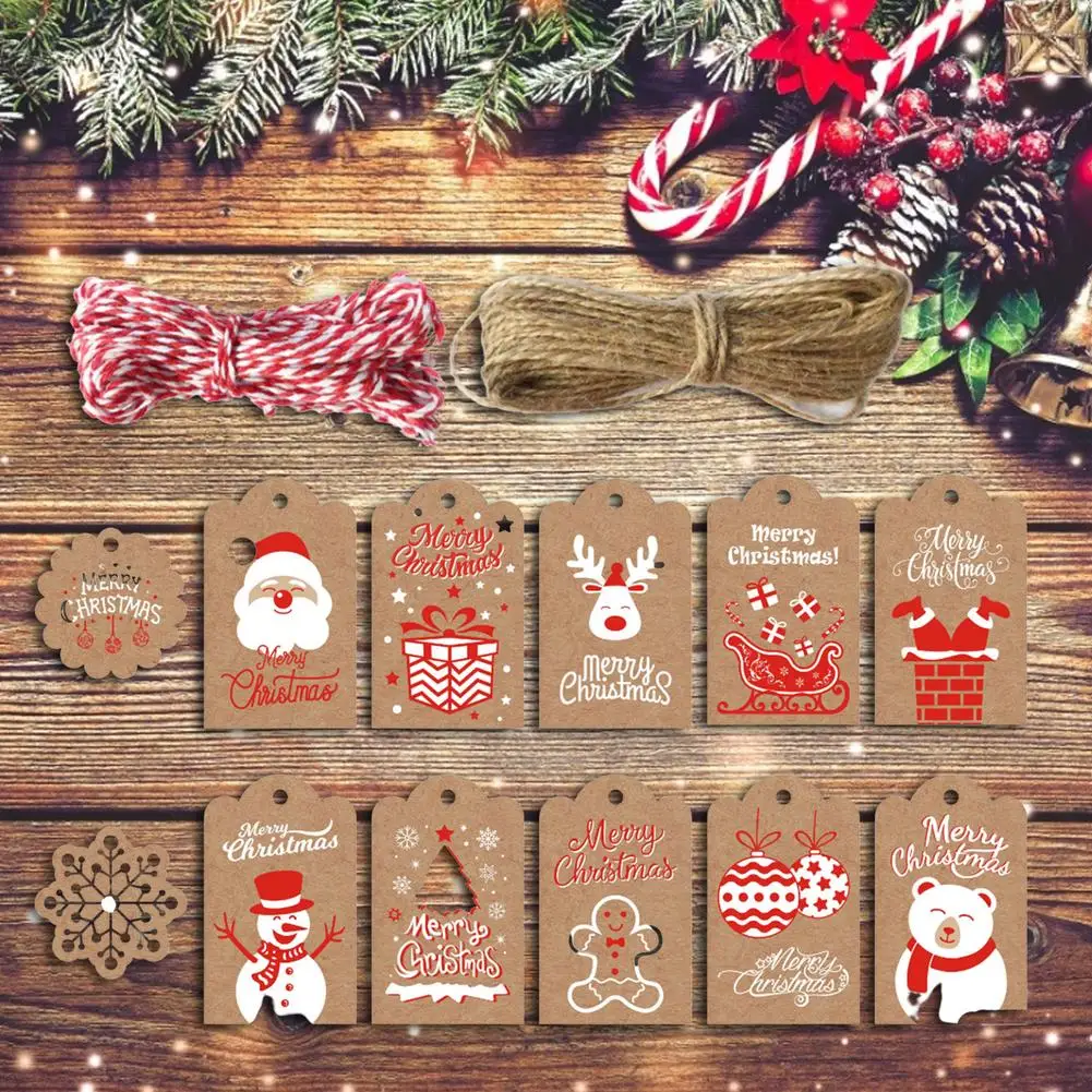 

12PCS Christmas Cartoon Kraft Paper Tags With Rope Vintage Xmas Tree Santa Claus Crafts Hanging Labels Gift Decor Home Supplies
