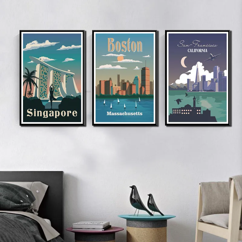 

Travel Cities No Frame Poster New York Netherlands Amsterdam London Landscape Canvas Painting Wall Art Pictures Home Decor