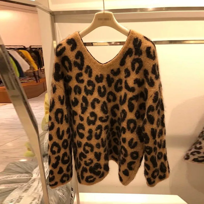 HAMALIEL 2019 New Fall Winter Mink Cashmere Sweater Fashion Women Leopard Print Knitted Casual Thick Warm V Neck Loose Pullover | Женская