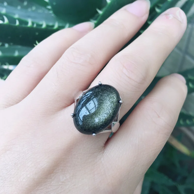 Крупный натуральный кольца CSJ с обсидианом из серебра 925 пробы золотыми глазами