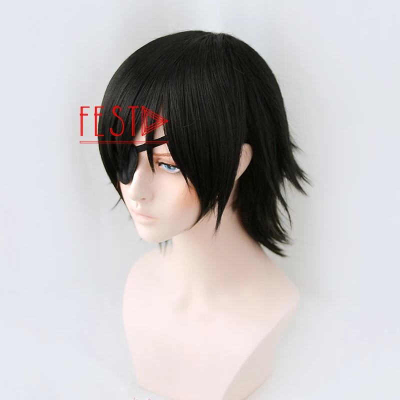 Аниме бензопила человек Himeno Косплэй парик короткий черный наклейки для глаз: