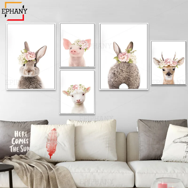 Детское животное с цветами искусство на холсте рисунок кролика оленя картина