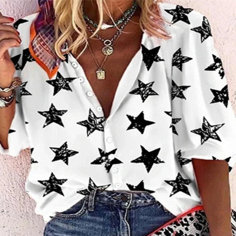 

Женская футболка со звездным принтом, Повседневная Свободная футболка с V-образным вырезом, летняя белая однобортная футболка, новинка 2021