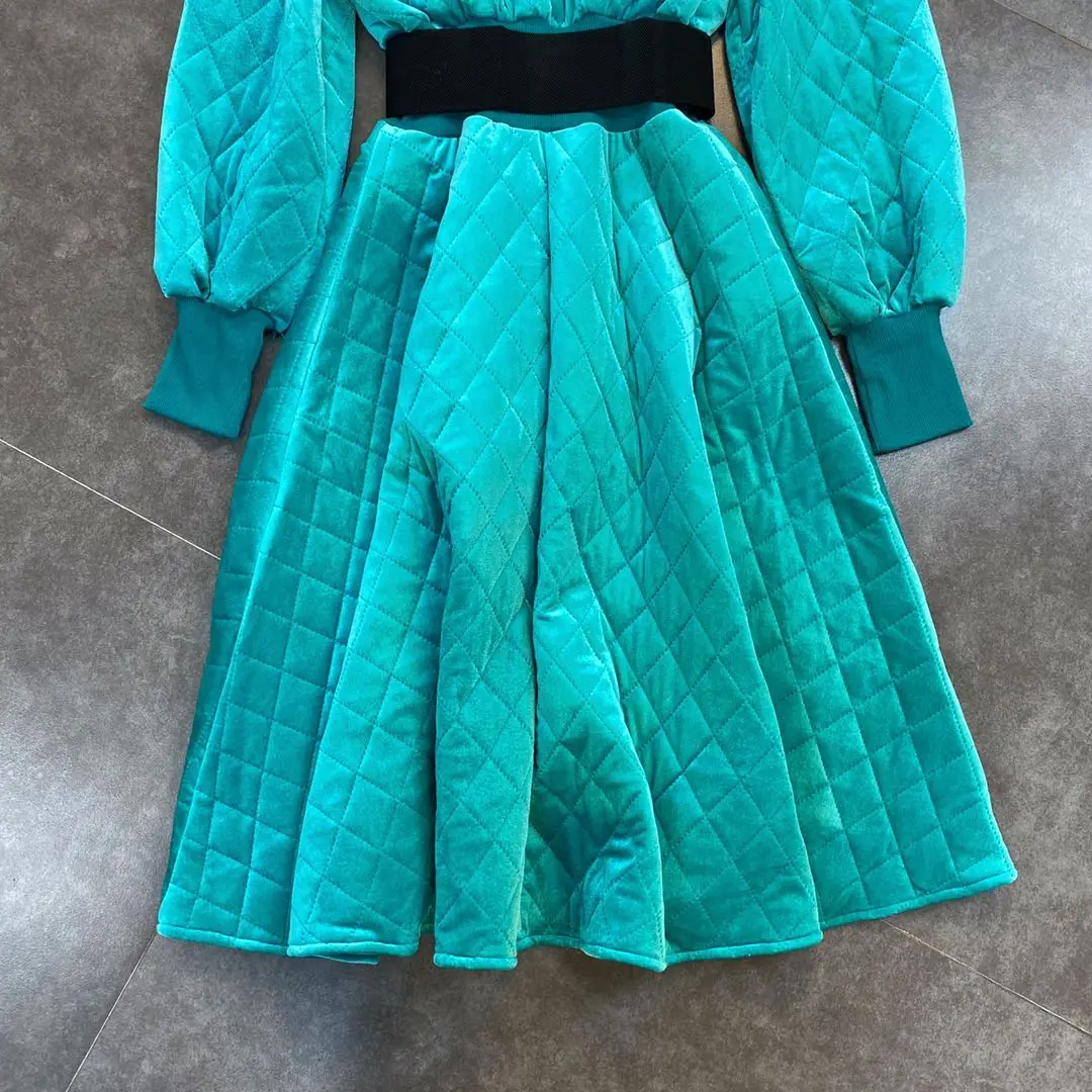 

TVVOVVIN Women Dress Temperament Velvet Ladies Winter Dress Argyle Stand Collar Long Sleeve Vintage Dresses Long With Belt W7HC