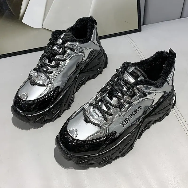 

Новый Серебряный Лакированная кожа коренастый спортивная обувь для женщин на весну в стиле «панк» Стиль кеды на высокой платформе; Женская ...