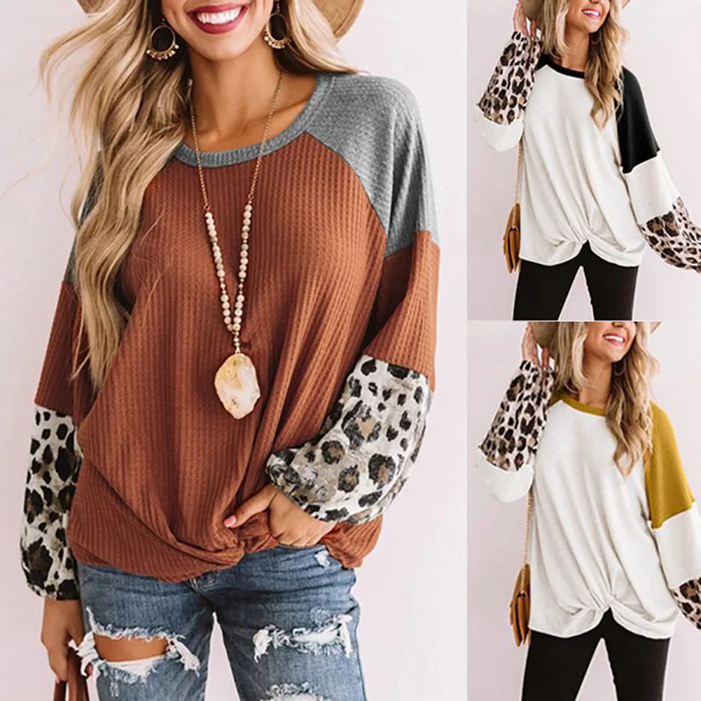 

Women Tshirt Casual Leopard Long Sleeve Waffle Tshirt Twist Knot Loose Shirt Sweater Waffle Twist Knot Loose Shirt Sweater women