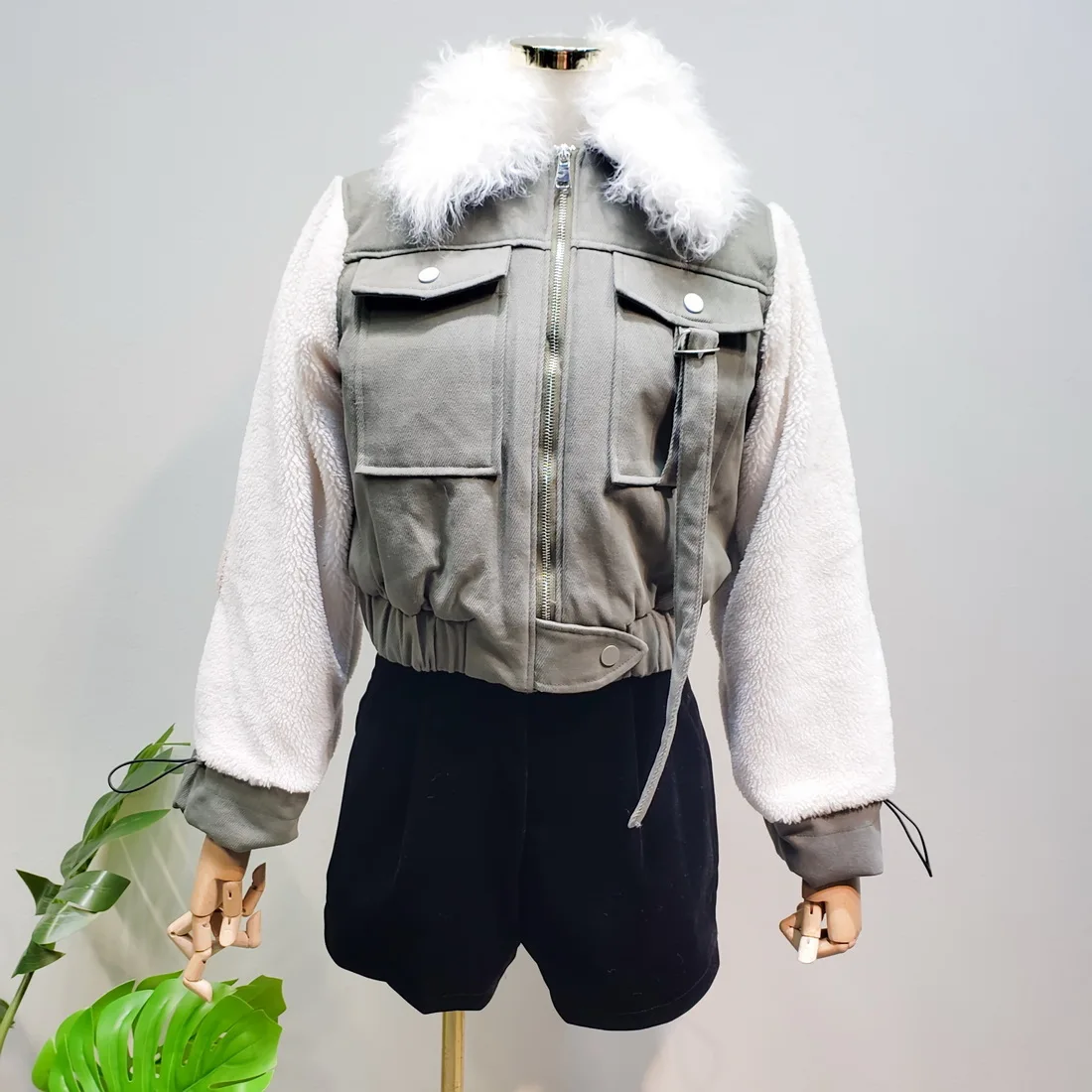 L77street Harajuku стиль ниша пушистые рукава милый Ягненок меховой воротник Короткая секция толстый хлопок Мягкий мульти-карман куртка женская