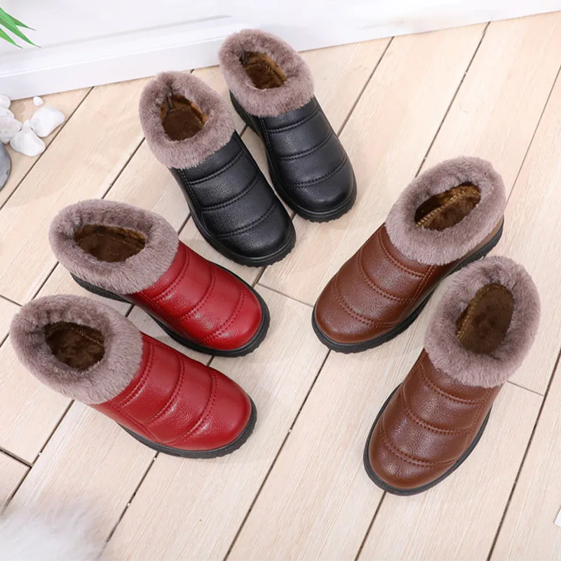 

Round Toe PU Leather Non-slip Sneakers Women Flat Short Plush Winter Warm Female Shoes Slip On Comfortable Solid Color Mom Shoes