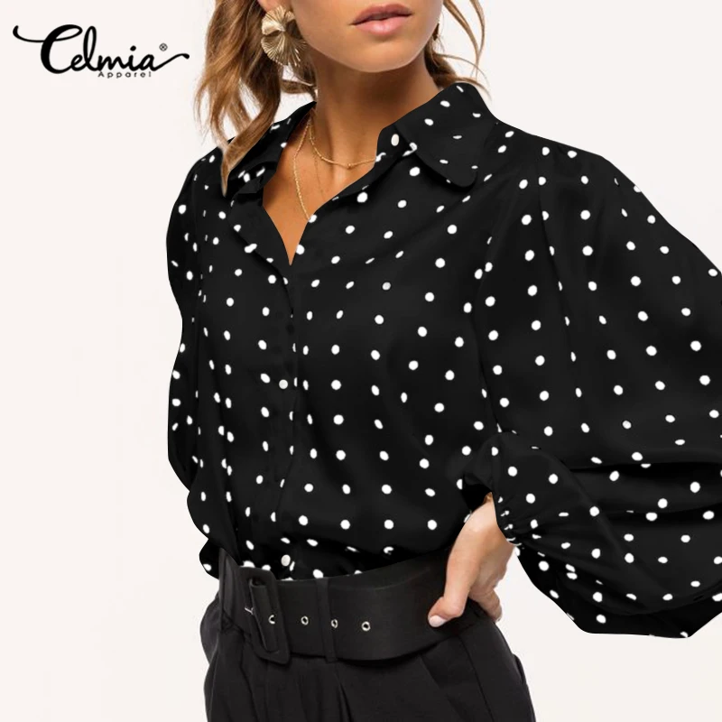 

Celmia Fashion Blouses Women Polka Dot Lantern Sleeve Shirts Lapel Button Casual Loose Elegant OL Office Blusas Oversized Tops