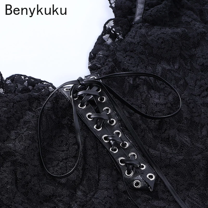 

Goth Lace Bandage Black Top Vintage Sexy See Through Long Sleeve T Shirt Women Aesthetic Elegant Gothic Slim Bodycon Cropped Top