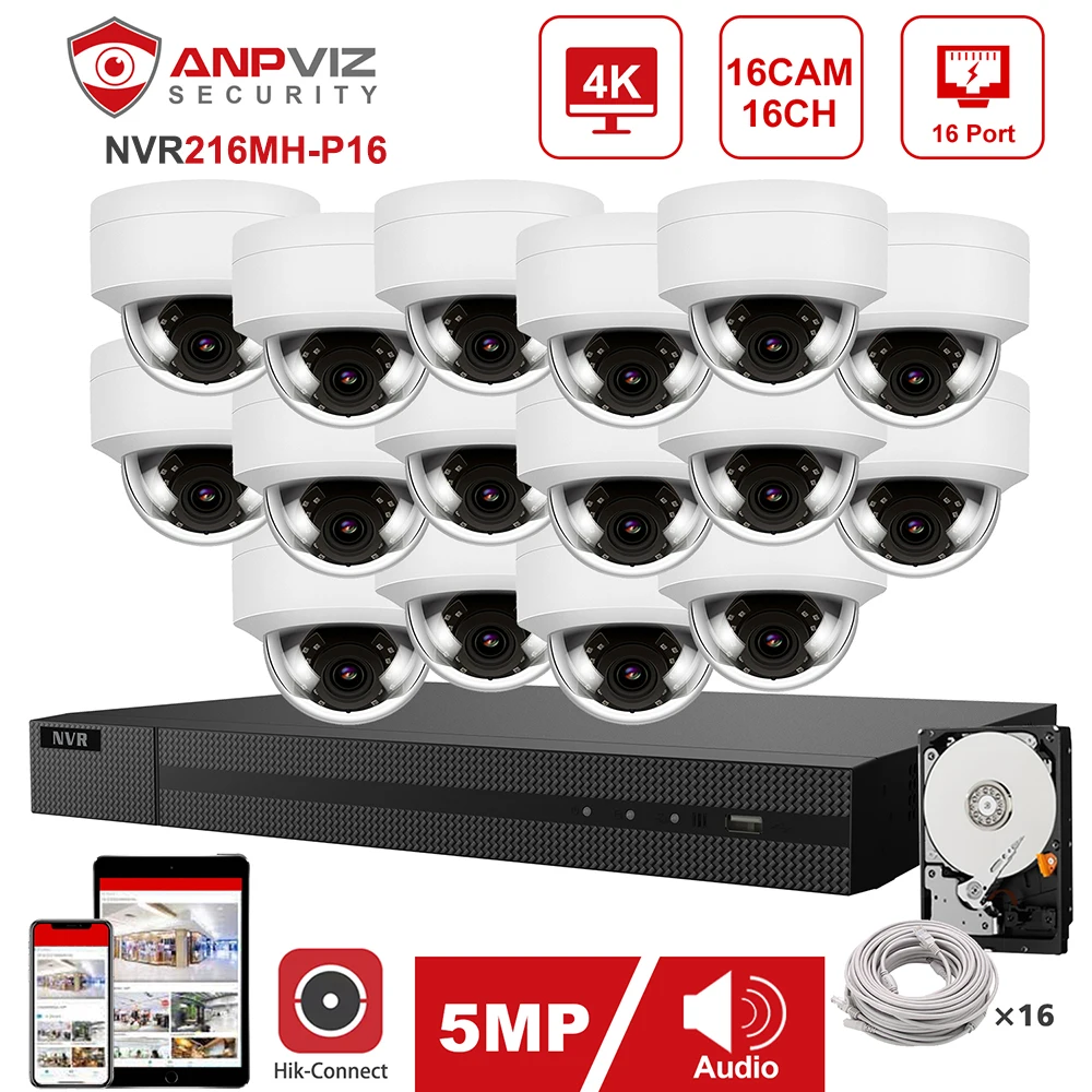 Ultra H.265 4K 16CH NVR набор 8/10/12/16 шт 5MP PoE купольная камера Vari Focus объектив Hikvision система