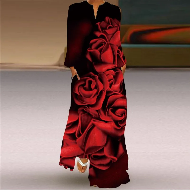 

Rose Printed Spring Autumn Dresses red Long Sleeve Beach Casual Zipper Fashionable Dressss Woman Elegant V Neck Long Dress Women