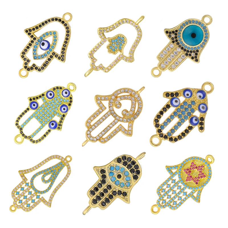 

Juya DIY Handmade Turkish Jewelry Making Components Supplies Micro Pave Zircon Greek Evil Eye Hamsa Fatima Hand Charm Connectors