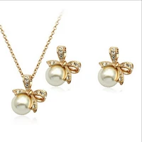 fashion popular full rhinestone bowknot simulated pearl earrings necklace bow set leaf jewelry sets wholesale