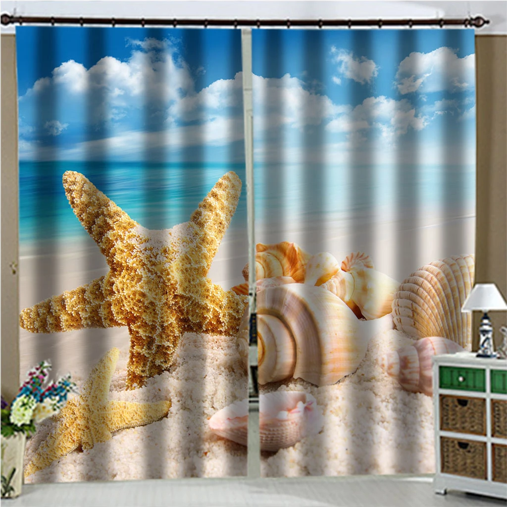 Плотные затемняющие шторы с морскими звездами ракушками пляжным ландшафтом для