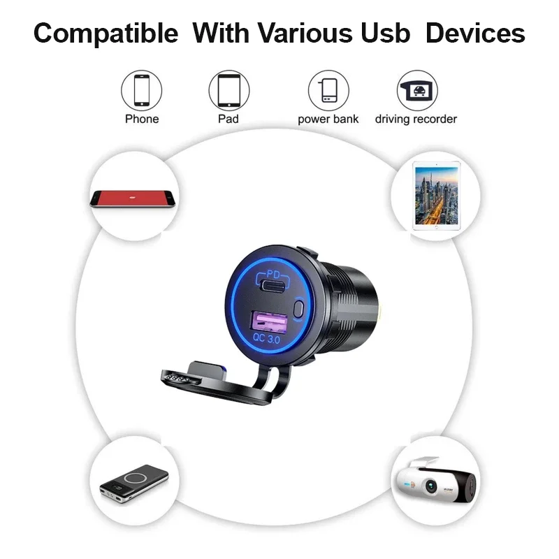 12v 24v quick charge 3 0 usb suv car charger waterproof 18w type c pd outlet fast charger with on off power switch free global shipping