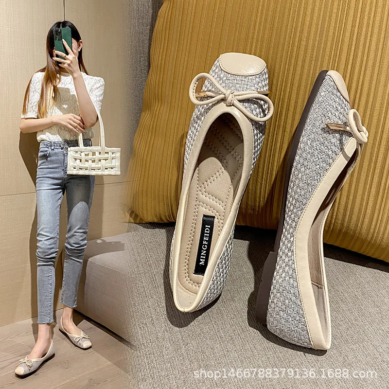 

Women Flats Shoes Woman Shallow Single Shoes Slip On Loafers Ballerina Shoe Casual Square Toe Large Size Weave Bow Zapatos Mujer