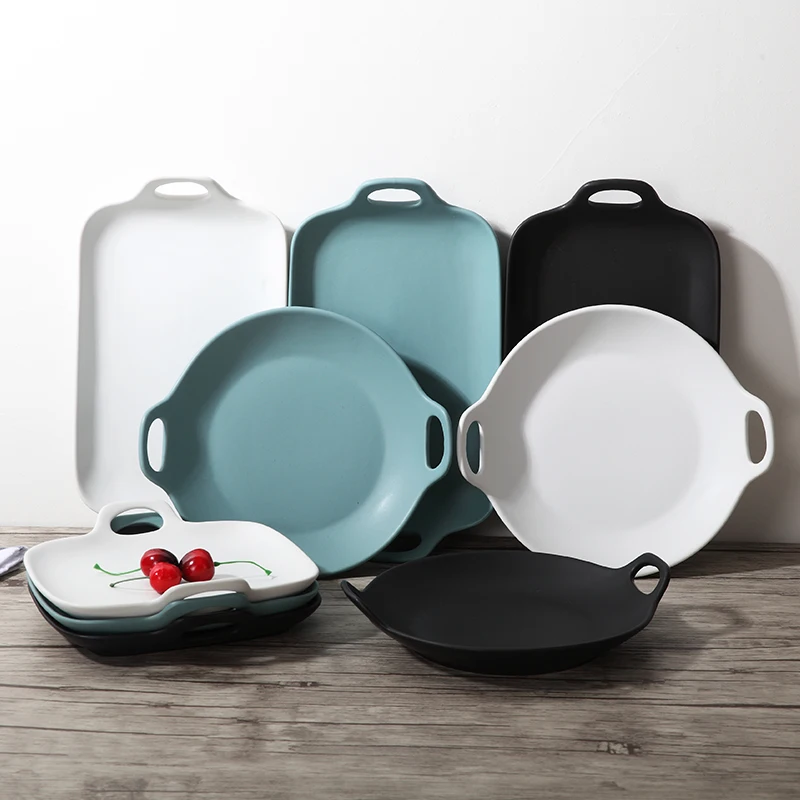 

Matte Binaural Ceramic Dinner Plate Creative Rectangle Baking Tray round Western Cuisine Plate Dish Home Breakfast