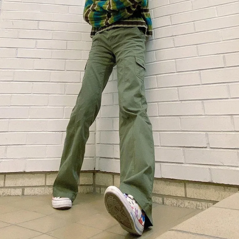 

Осенние женские повседневные Прямые брюки, женские винтажные однотонные расклешенные брюки с низкой талией в стиле ретро Y2K