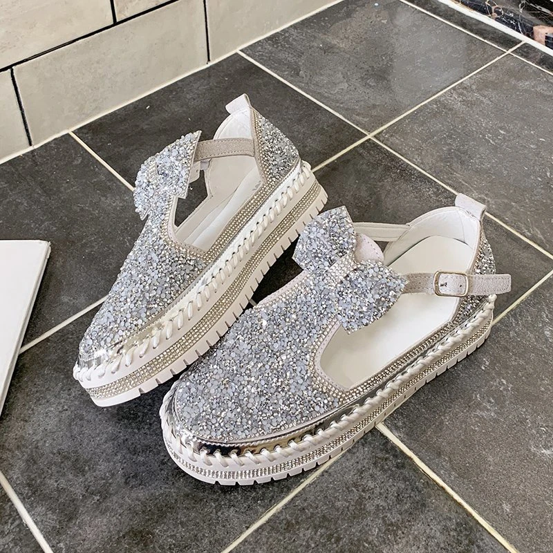 

Buckle Sequined Leather Shoes Women Flats Bling Bow Loafers Platform Shoes Bling Flat With Students Flats