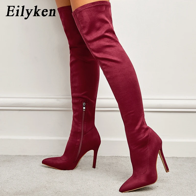 

Eilyken/Новинка 2022 года; Модные женские сапоги выше колена; Сапоги из флока на молнии с острым носком; Сапоги до бедра; Обувь для танцев