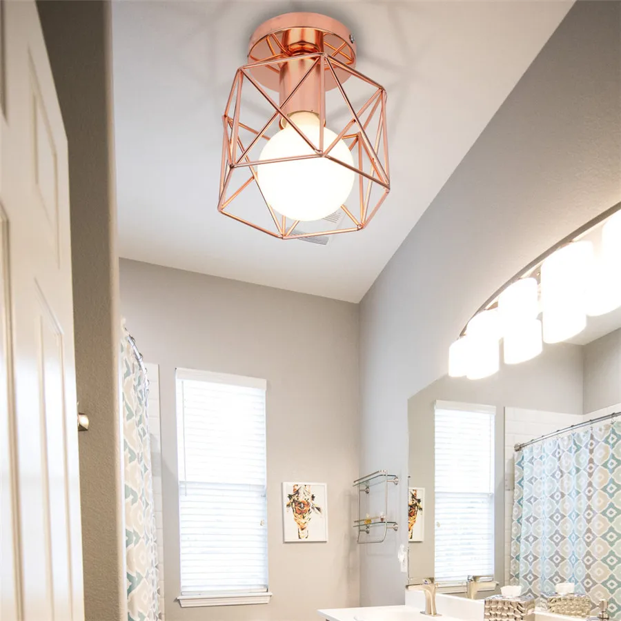 $14.25 Nordic Modern Rose Gold Ceiling Lamp Shade Metal Iron Cage Ceiling Lights Kitchen Island Bedroom Aisle Porch E27 Household Light