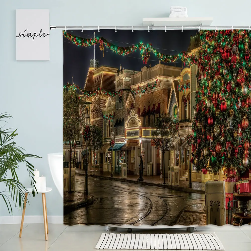 

Merry Christmas Shower Curtain European City New Year Street View Christmas Tree Bathroom Wall Decor With Hook Waterproof Screen