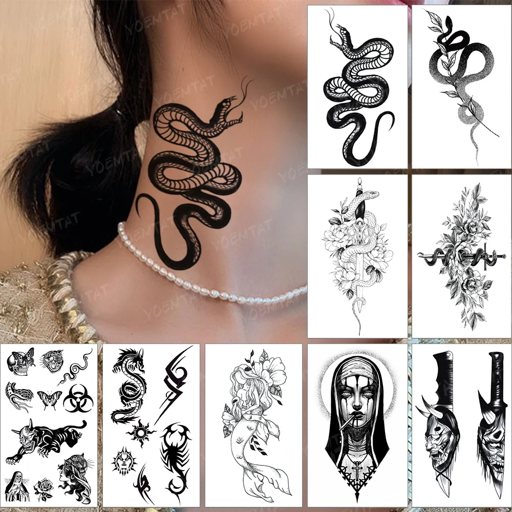 

Black Snake Waterproof Temporary Tattoo Sticker Scorpion Butterfly Old School Totem Tatoo Women Wrist Body Art Fake Tatto Men