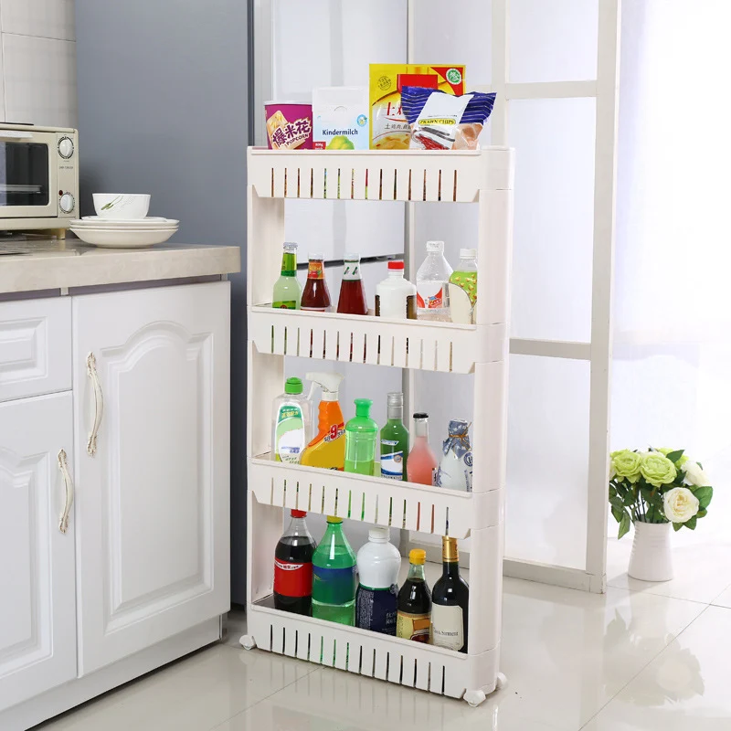 

White Plastic Kitchen Storage Rack Fridge Side Shelf 3/4 Layer Removable With Wheels Bathroom Organizer Shelf Gap Holder HWC