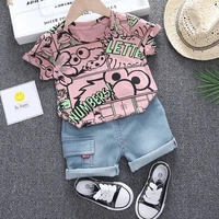 boys summer clothing 2021 new o neck t shirt with denim shorts 2 pieces short sleeved sets children baby summer graffiti clothes